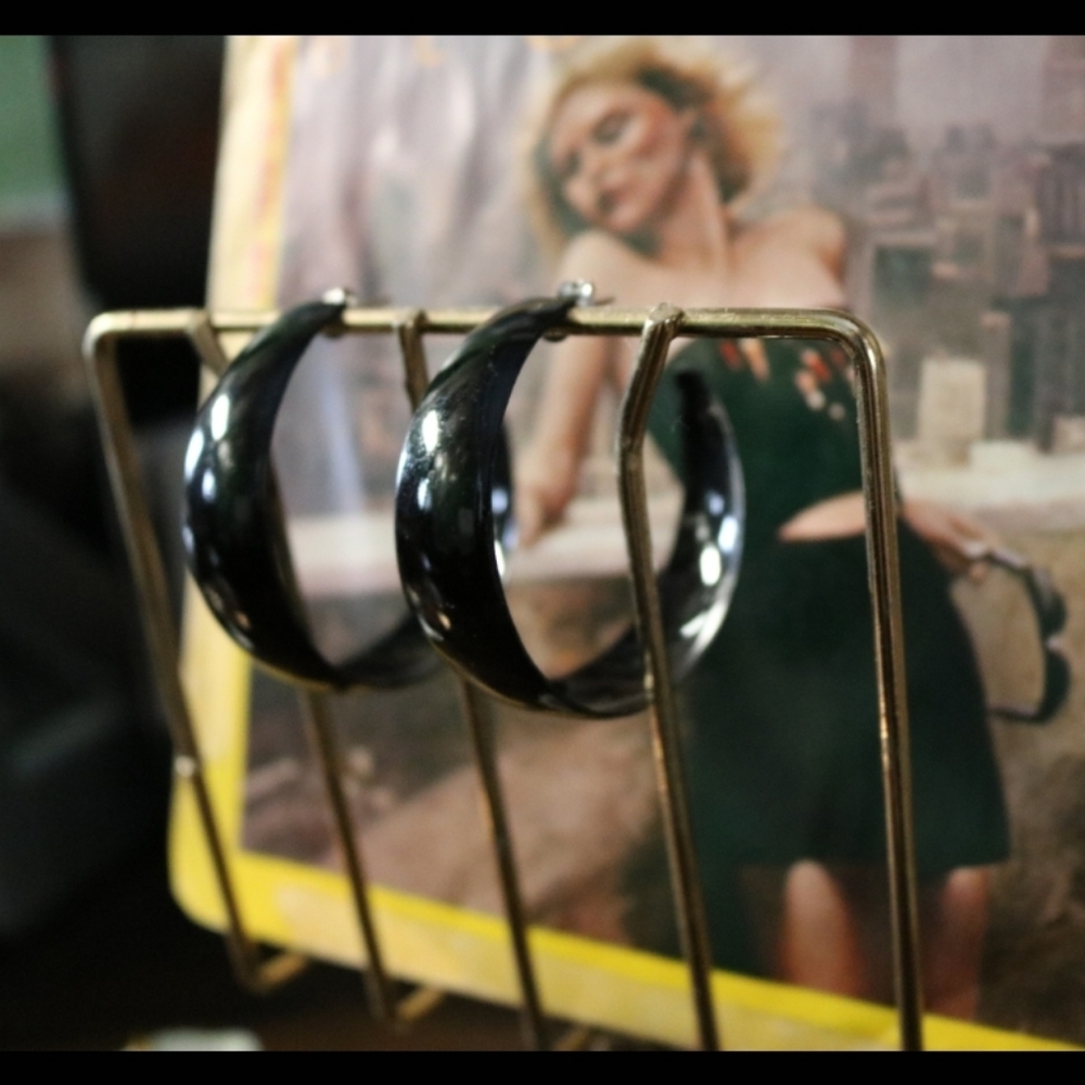 Vintage 80s Black Hoop Earrings Metal Enamel Modernism Goth Minimalist Punk